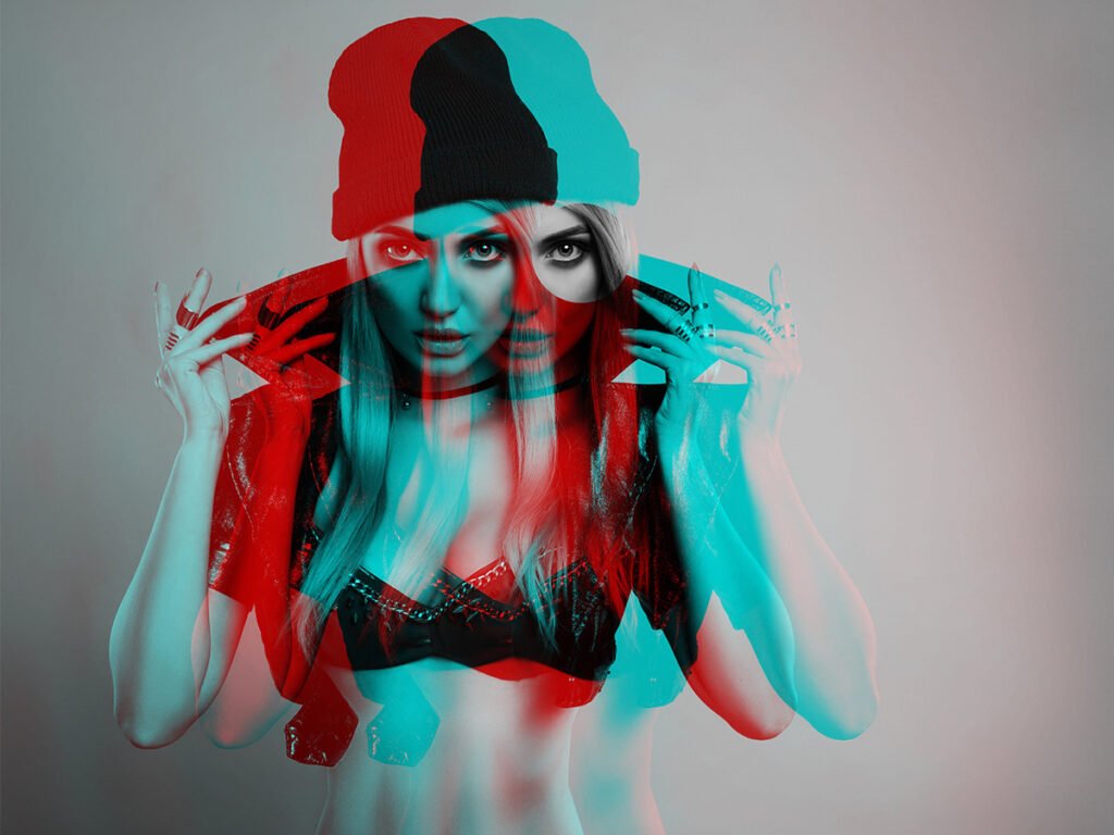 Surreal anaglyph portrait of a woman in a red-cyan 3D glitch effect: blonde hair, black beanie, lace bralette, and dramatic hand framing, blending bold red and turquoise tones for a vibrant, empowering pop-art vibe.