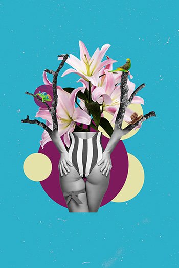 Surreal pop-art collage: a woman's striped swimsuit body with pink lilies and birds blooming from branches in place of her head, set against turquoise with colorful overlapping circles—bold, empowering, and whimsical.