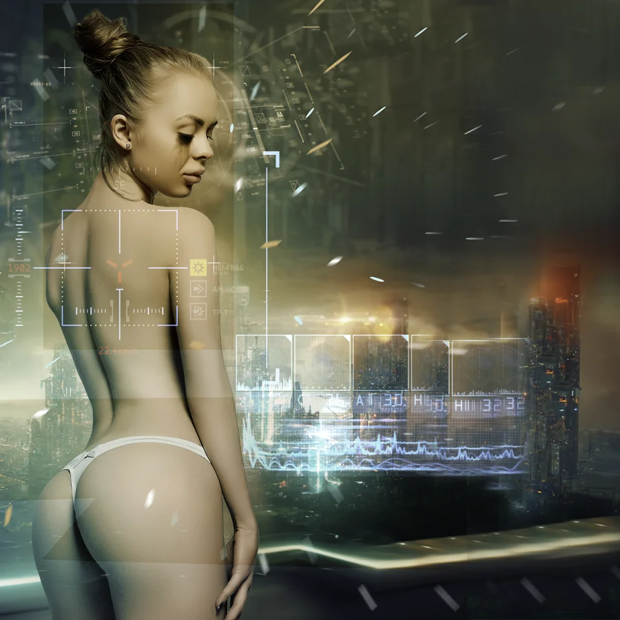 Futuristic digital composite portrait of a young woman with blonde hair in a top knot, standing in profile with her back mostly to the viewer, wearing white panties. She is surrounded by glowing holographic interfaces, data overlays, scanning grids, and digital graphs against a neon cyberpunk cityscape at night. High-tech, cybernetic, and cinematic sci-fi aesthetic.
