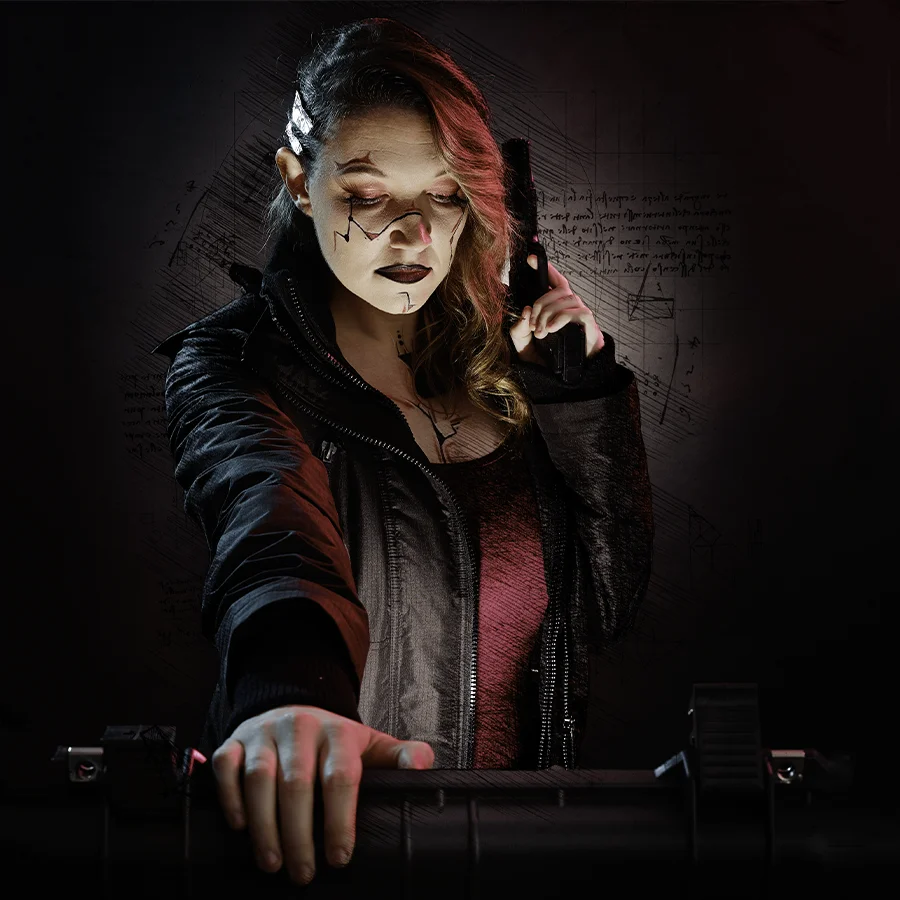 Kat Brewer poses with a gun, looking into a locked briefcase, while waring a cyberpunk inspired jacket and cyber accessory on the side of her head. This fine art piece is lit like an old master painting, but combined with futuristic elements to create a unique art piece.