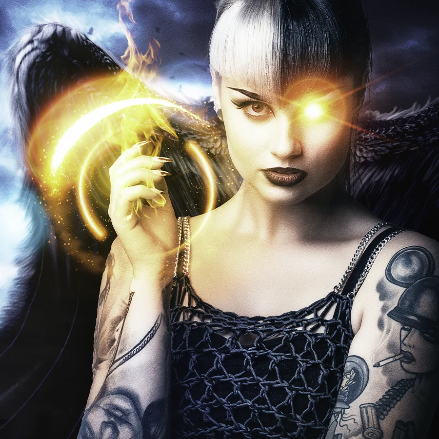 Meg Bitton- a national pin up model, summons a little magic in her gothic angel look. She stands with storm clouds over head, and an energy orb forming up in her right hand.