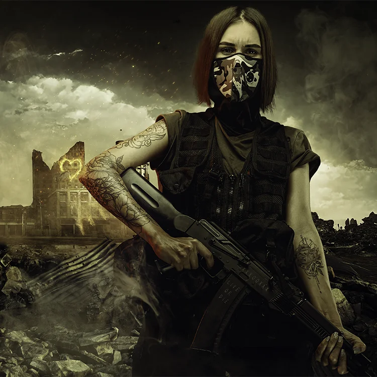 A woman stands in an apocalyptic wasteland, she's holding an AK-47, wearing tactical armor and survivor gear, in this design created by Jason Usher